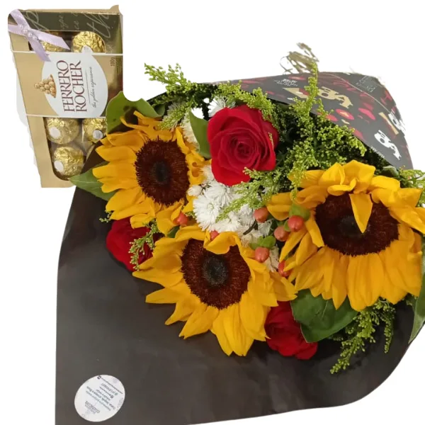 Buquê 3 Girassóis e 3 Rosas Vermelhas Ferrero Rocher