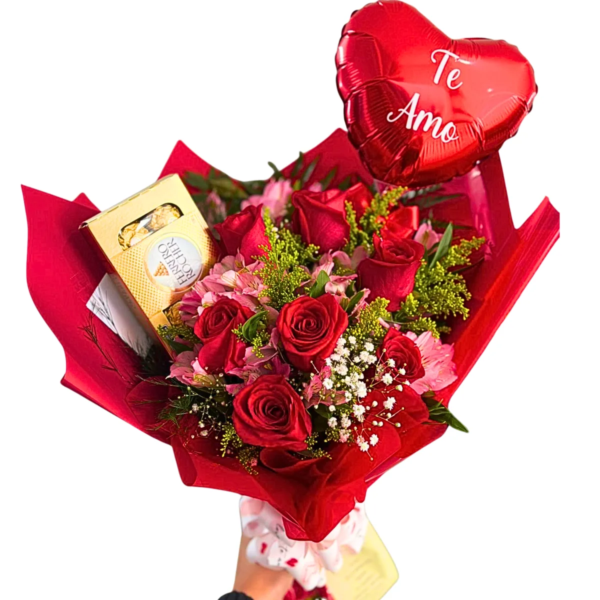 Buquê 7 Rosas vermelhas Ferrero Rocher 8 unidades e Balão Te amo
