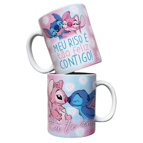 Caneca Meu Riso é tão feliz contigo Stitch e Angel