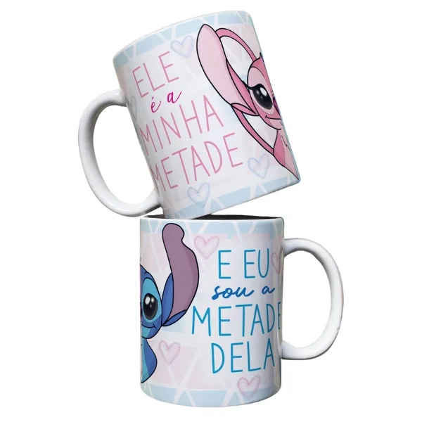 Caneca Ele é minha metade ela é minha metade Stitch e Angel