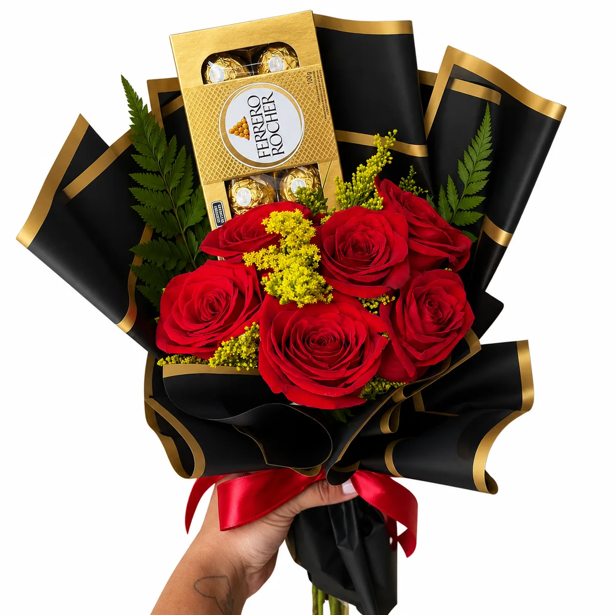 Coleção Love - Buquê 6 rosas vermelhas Colombianas e Ferrero Rocher T8