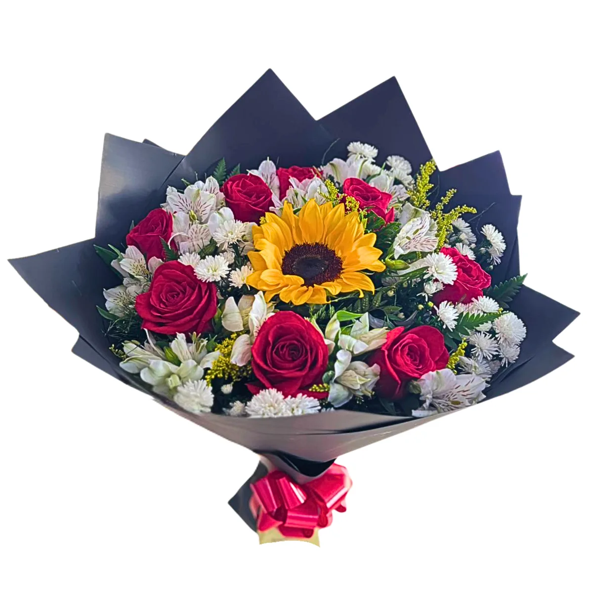 Buquê com 8 Rosas Vermelhas e 1 Girassol