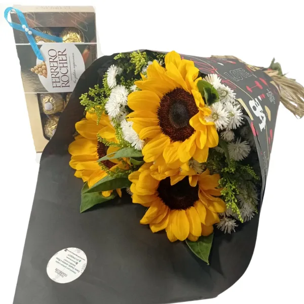 Buquê 3 Girassóis e Ferrero