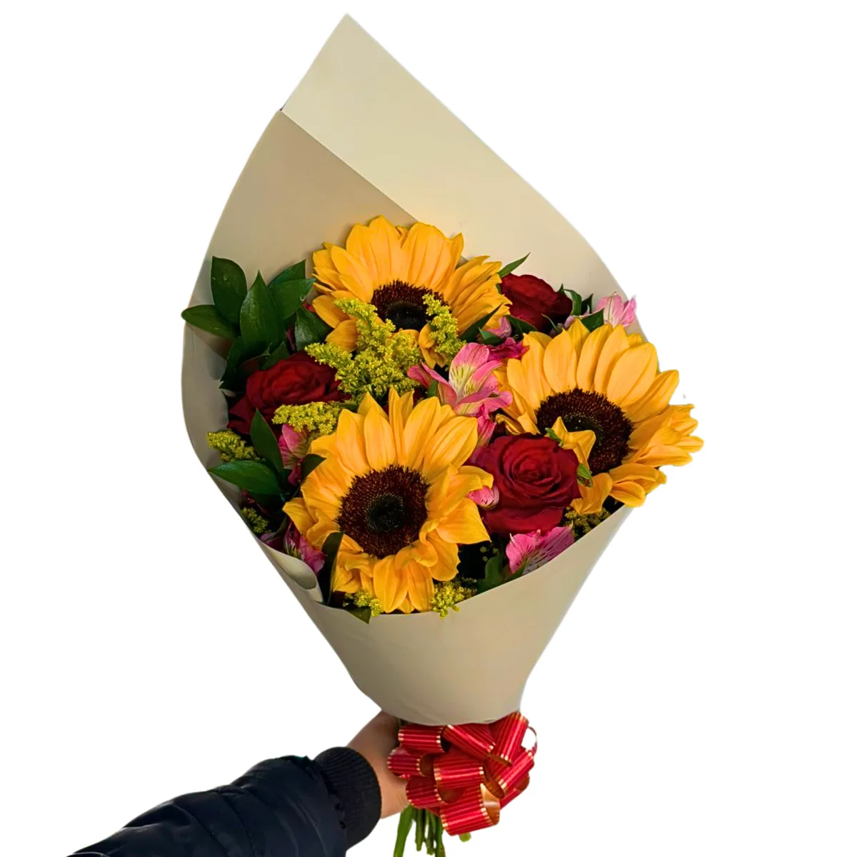 Buquê 3 Girassóis e 3 Rosas vermelhas