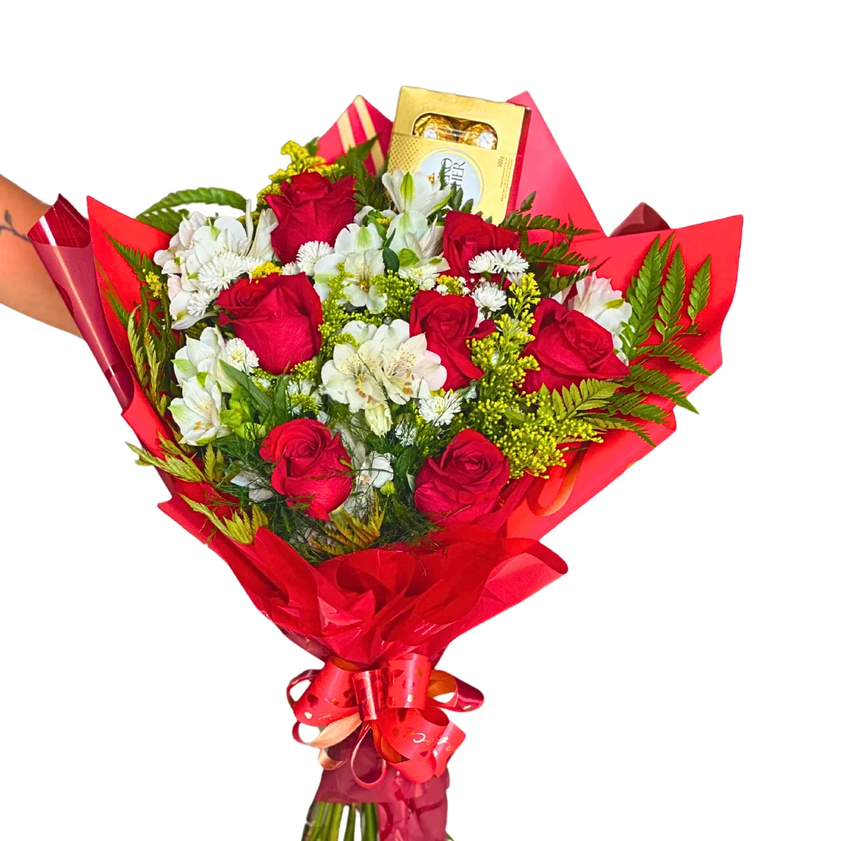 Buquê 7 Rosas vermelhas e Ferrero Rocher 8 unidades