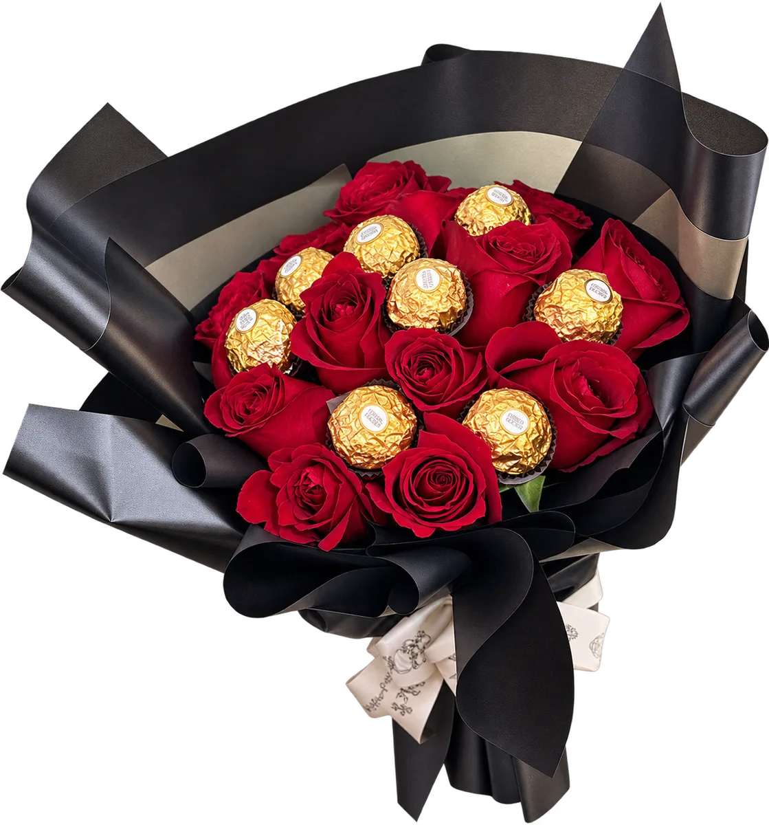 Buquê Luxuoso de 12 Rosas vermelhas e 8 Ferrero Rocher