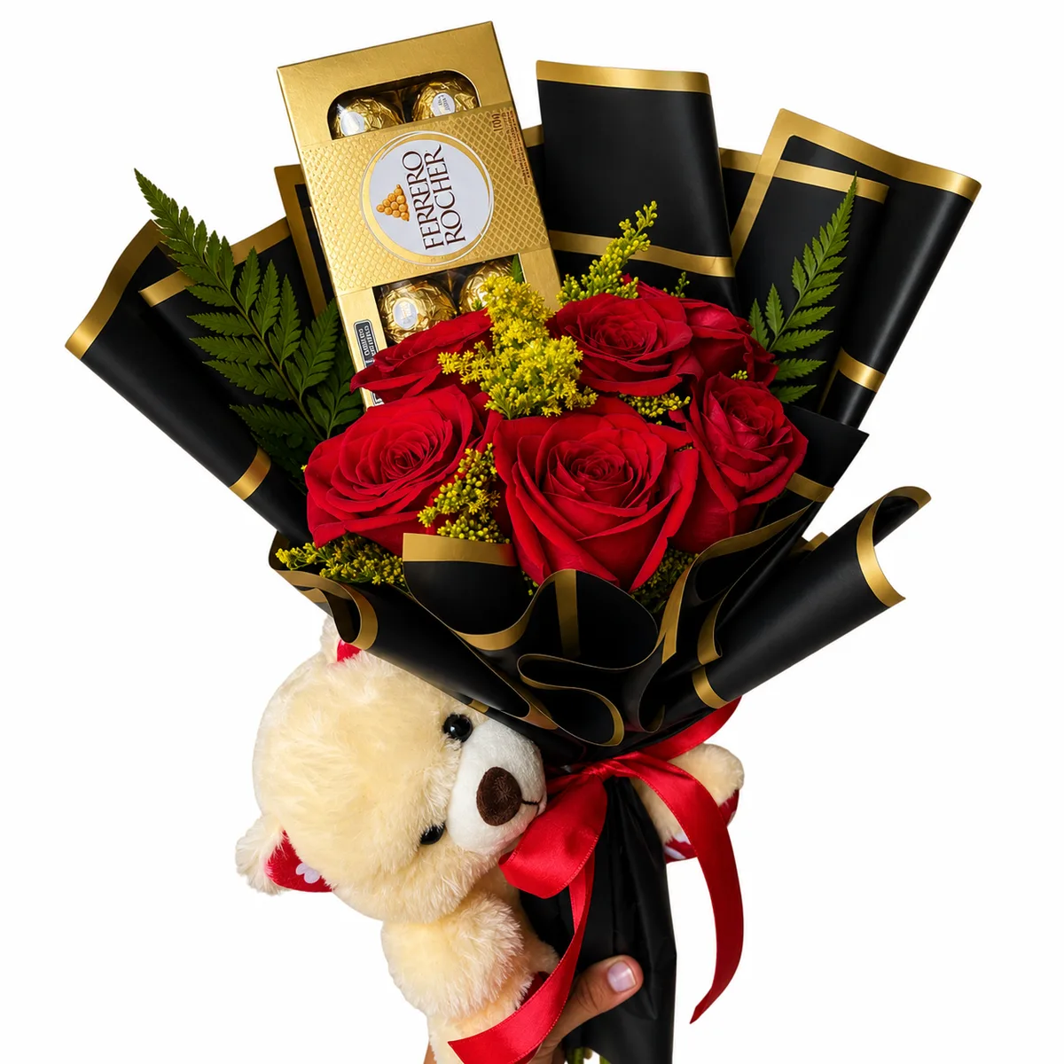 Coleção Love - Buquê 6 rosas vermelhas Colombianas e Ferrero Rocher T8 e Pelúcia Pequena