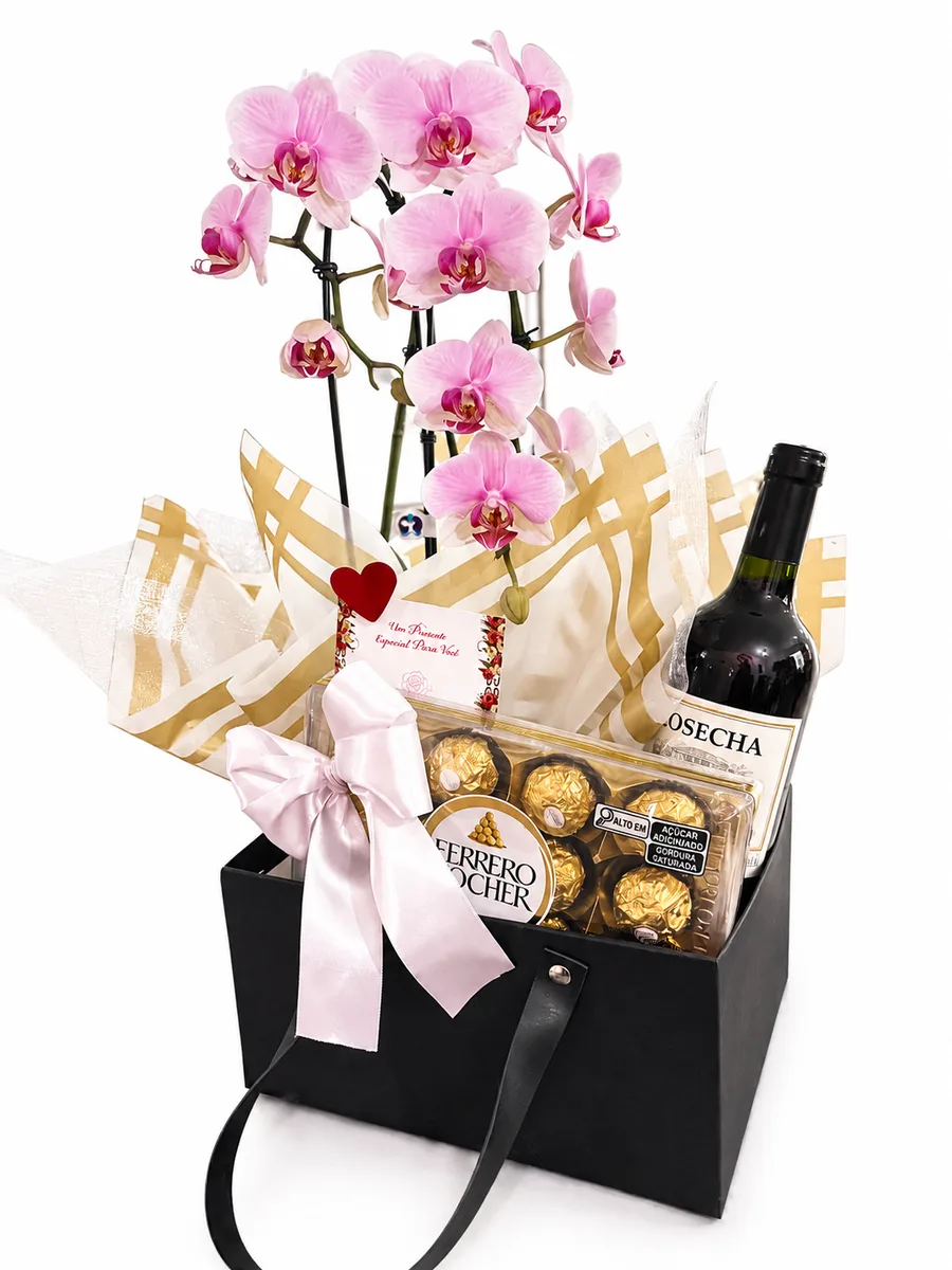 Box Especial com Orquídeas Vinho e Chocolates