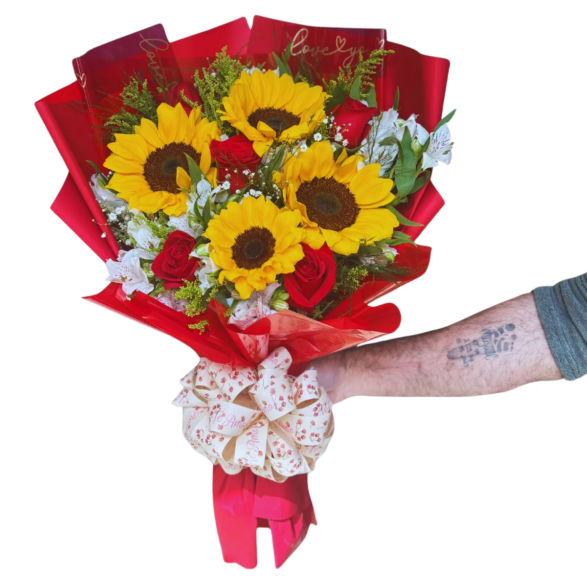 Buquê com 4 Girassóis e 4 Rosas vermelhas
